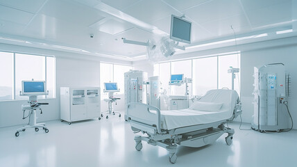 white ward interior with modern bed hospital in the style of the future. Generative AI