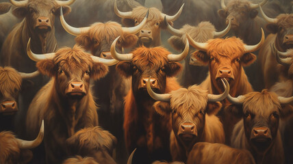 northern shaggy cows bulls texture background herd group of farm animals. Generative AI