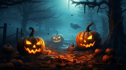 Fototapeta premium halloween background mysterious forest with pumpkins burning eyes. Generative AI