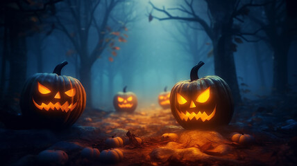 halloween background mysterious forest with pumpkins burning eyes. Generative AI