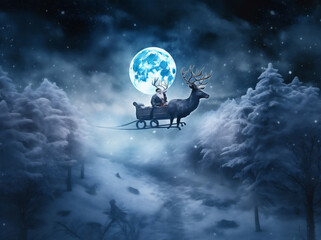 Naklejka premium december winter gift claus christmas holiday reindeer sleigh night claus santa. Generative AI.