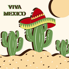 Viva Mexico card with Cartoon Cactus in Sombrero in the Desert. Funky Cacti in 90s, 00s style. Retro Mexican Independence Day banner with Cactus. Vector flat art.