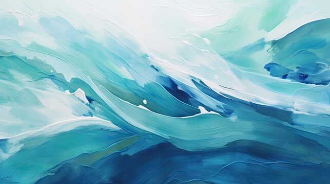 A mesmerizing abstract background with layers of thick paint in varying shades of blue and green, reminiscent of swirling ocean currents and waves crashing against the shore. Generative AI. 
