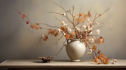 Obraz na płótnie Canvas An elegant autumn still life featuring a vase of dried flowers and branches, softly lit to create a warm and inviting ambiance, with a muted color palette that exudes sophistication. Generative AI. 