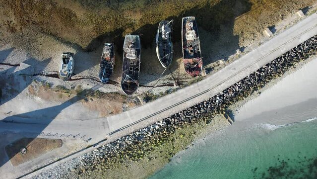 Shipwrecks in Camaret sur Mer harbour in Crozon peninsula, Brittany, France, Europe