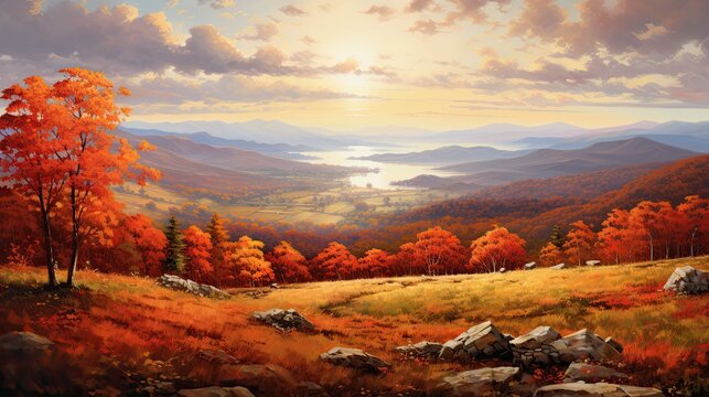 A picturesque autumn landscape with rolling hills and distant trees dressed in vibrant shades of red, orange, and gold, creating a breathtaking vista that captures the essence of fall's. Generative AI © Dannchez