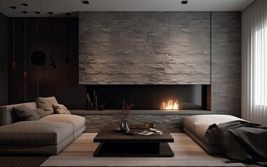 Minimalist Interior with Stone-Tiled Decorated Fireplace. Generative AI