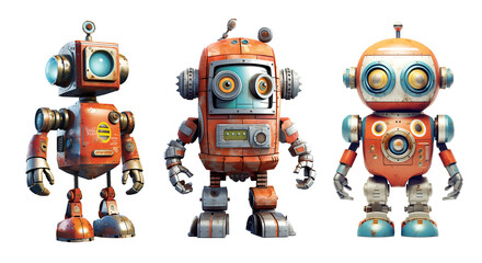 Set of cute robot toys, isolated on white or transparent. Generative AI