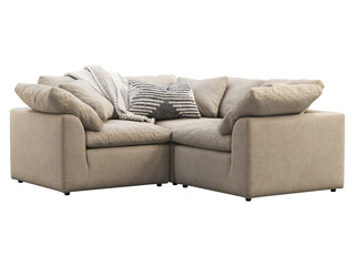 Modern beige fabric upholstery sofa with pillows and knitted plaid. 3d render.