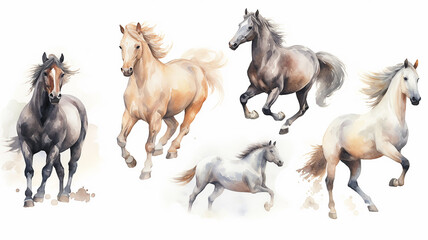 Fototapeta na wymiar Collection of running horses on a white background watercolor drawing. Generative AI