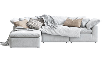 Modern three-seat corner white fabric upholstery sofa with pillows and plaids. 3d render.