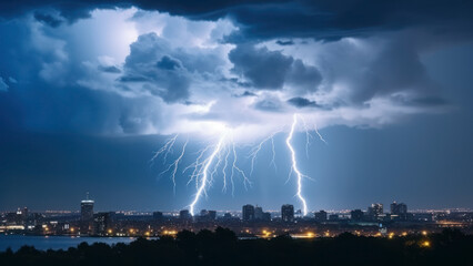 Fototapeta premium Thunder and lightning on the city. Photorealistic illustration of Generative AI.