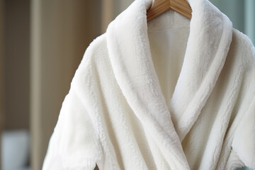 A white terry bathrobe on a hanger in a hotel room. Photorealistic illustration of Generative AI.