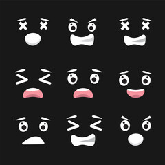 diferent cartoon funny emojies on the black background. sad, dissapointed, laughing, happy faces. emoji illustration.