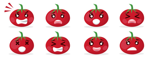 cute tomato cartoon emoji set with different facial expressions on the tomato shaped faces. angry, sad, dissapointed, laughing, happy faces. vector cartoon emoji illustration.
