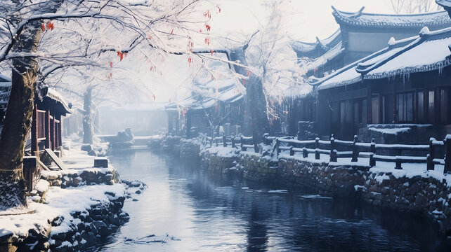 Winter landscape ancient chinese city embankment, chinese new year. Generative AI © kichigin19