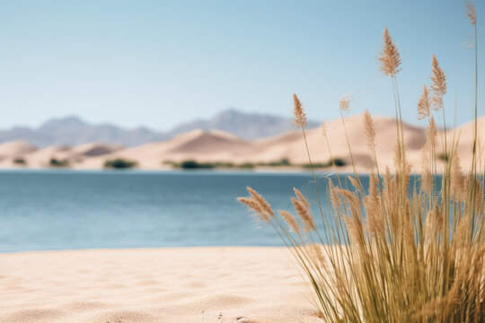 A bush of dry spikelets on the background of a lake in the desert. Photorealistic illustration of Generative AI.