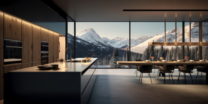 Kitchen interior of a high-tech chalet with panoramic windows and a view of the snow-capped mountains. Generative AI photorealistic illustration.
