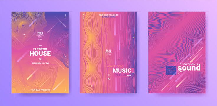 Electronic Music Flyers Set. Techno Dance Poster. Gradient Distort