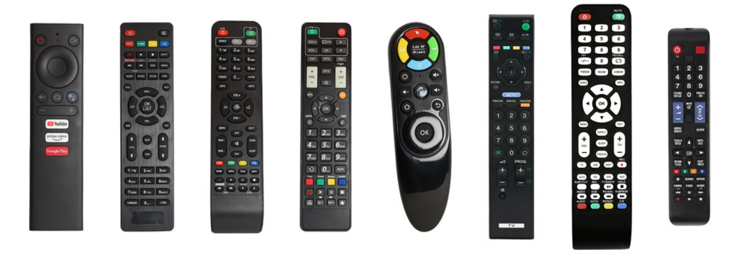 Tv remote controller sets and collection, isolated white  background, png isolated background