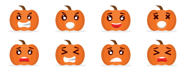 haunt halloween pumpkins emoji set with different facial expressions on the pumpkin shaped faces angry, sad, dissapointed, laughing, happy faces. emoji cartoon illustration.