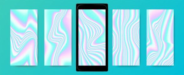 Abstract wave gradient backgrounds, holographic screensavers set.