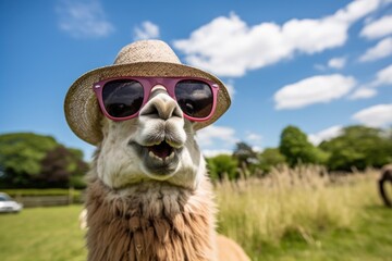Llama wearing sunglasses and a hat