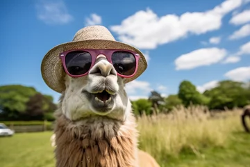 Foto op Plexiglas Llama wearing sunglasses and a hat © Charlie