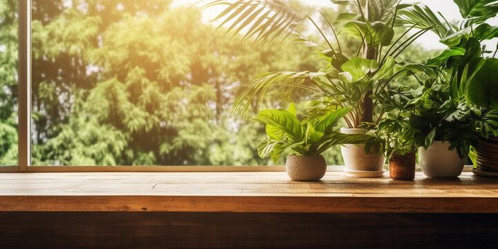 Generative AI, modern room with wooden table and home plants, top view, sunlight, window, background,  empty space for advertising goods, food, creativity, dining table, office, workplace, layout, eco