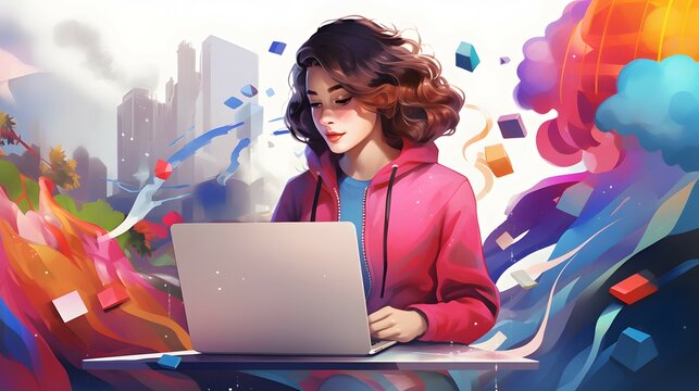 Happy woman using laptop. Communication app concept