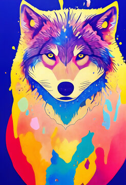 Beautiful multi-colored illustration of the muzzle of a wolf. dripping paint effect. AI-generated