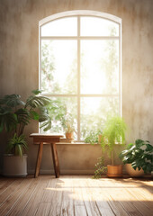 Fototapeta na wymiar Generative AI, modern room with wooden table and home plants, top view, sunlight, window, background, empty space for advertising goods, food, creativity, dining table, office, workplace, layout, eco