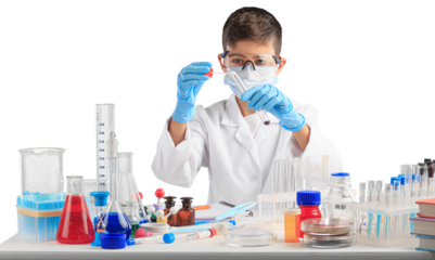 Little child chemistry with water for easy science experimental online class, new normal and distance learning, e-learning for kid in covid-19 pandemic.