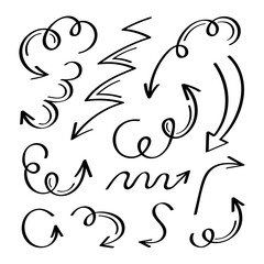 Super set different shape hand drawn arrows. Doodle style curved and squiggly arrows. Vector graphic design