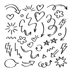 Super set different hand drawn element. Collection of arrows, crowns, circles, hearts, bubbles, doodles on white background. Vector graphic design