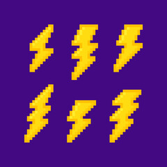 Set pixel lightning bolt isolated on violet background. 8 bit pixel art thunderbolt, lightning strike. Vector illustration