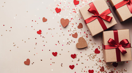 Craft boxes with red ribbon bow and glitter heart confetti. Valentine day concept