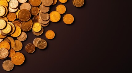 Different coins on solid color bakcground, flat lay