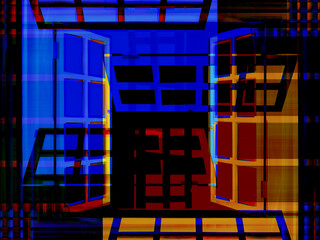 Abstract background in red and blue, with a spectacular rhythm and inserts. Surrealistic image in a modern style. For your art projects and works.