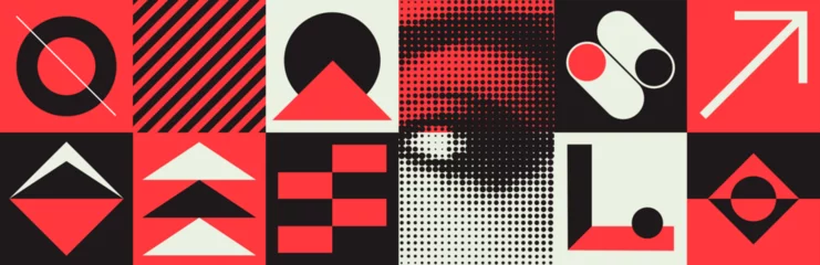 Foto op Plexiglas Deconstructed postmodern illustrations feature vector abstract symbols with bold geometric shapes. They are ideal for a variety of uses, such as web backgrounds, poster design and cover art. © Dmytro Lobodenko