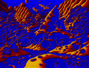 Abstract background in red and blue, with a spectacular rhythm and inserts. Surrealistic image in a modern style. For your art projects and works.