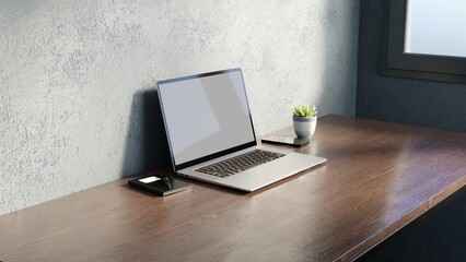 laptop on desk 3d rendering for mockup with plant mobile notebook etc