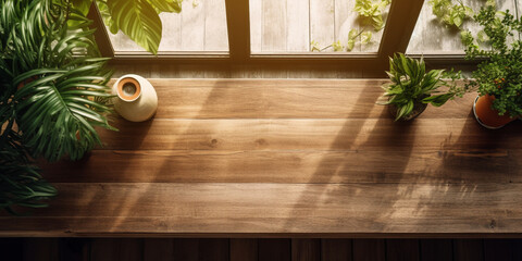 Generative AI, modern room with wooden table and home plants, top view, sunlight, window, background,  empty space for advertising goods, food, creativity, dining table, office, workplace, layout, eco