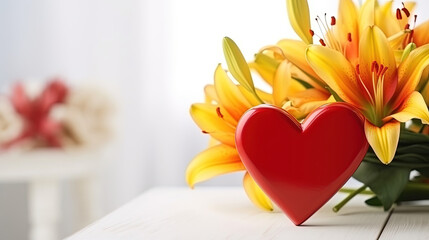 Red heart with a bouquet of yellow lilies on a white bench against a background of bokeh. Happy valentine day