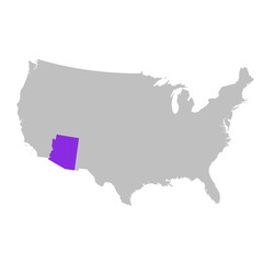 Vector map of the state of Arizona highlighted highlighted in purple on map of United States of America.