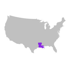 Vector map of the state of Louisiana highlighted highlighted in purple on map of United States of America.