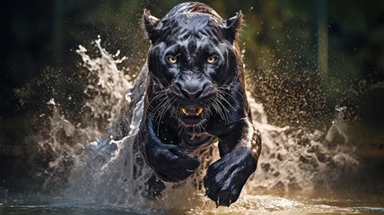 Foto op Plexiglas black panther runs in splashing water dynamic scene. Generative AI © kichigin19