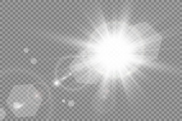 Special lens flash, light effect. The flash flashes rays and searchlight. illust.White glowing light. Beautiful star Light from the rays. The sun is backlit. Bright beautiful star. Sunlight.	
