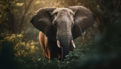 Fototapeta na wymiar African elephant walking through tranquil wilderness area generated by AI