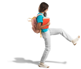 Happy kid. Raises his leg high and runs on purple background. child with backpack. little girl is ready for school.